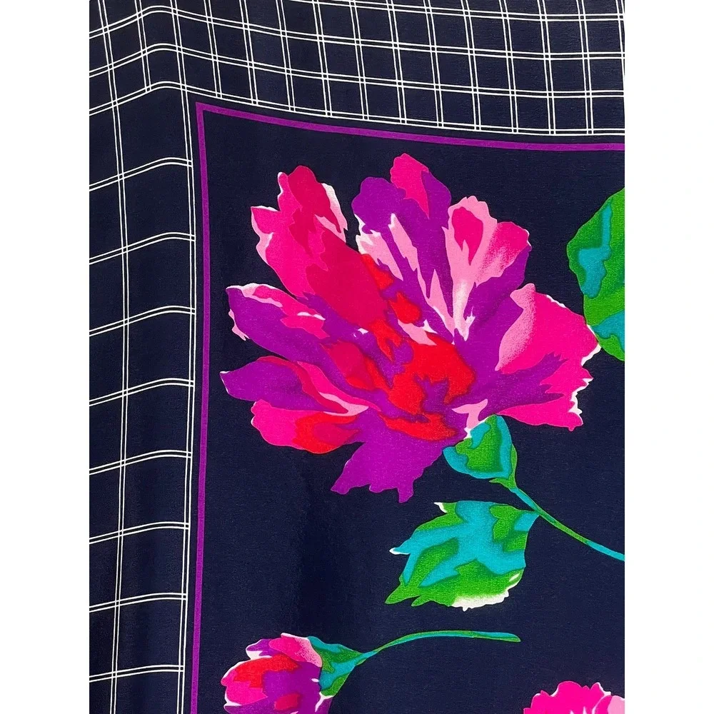 Liz Claiborne Vintage 100% Silk Scarf Navy Blue Pink Floral Windowpane Japan 31